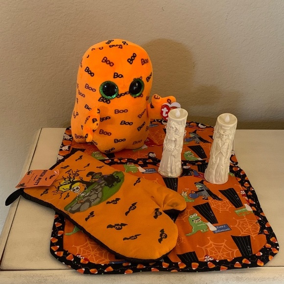 Ty Other - 6 pc Ty Orange Boo Plush Halloween Kitchen table placemat ghost candles mitt lot
